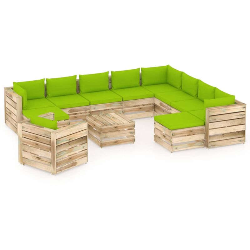 

Muebles de jardín 12 piezas con cojines madera impregnada verde