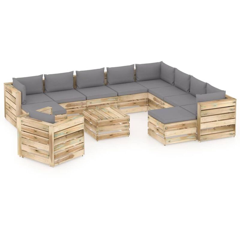 

Muebles de jardín 12 piezas con cojines madera impregnada verde