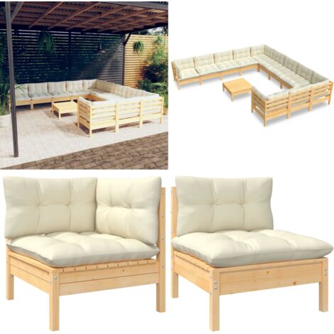 Muebles de jardín 12 piezas y cojines madera de pino crema - Muebles de exterior - Cojines de madera