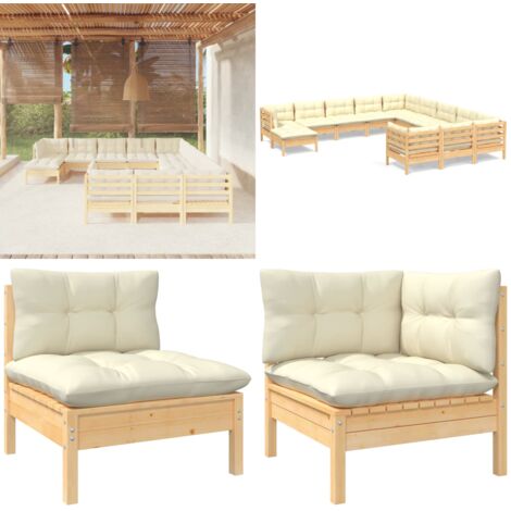 Muebles de jardín 12 piezas y cojines madera de pino crema - Muebles de exterior - Cojines de madera