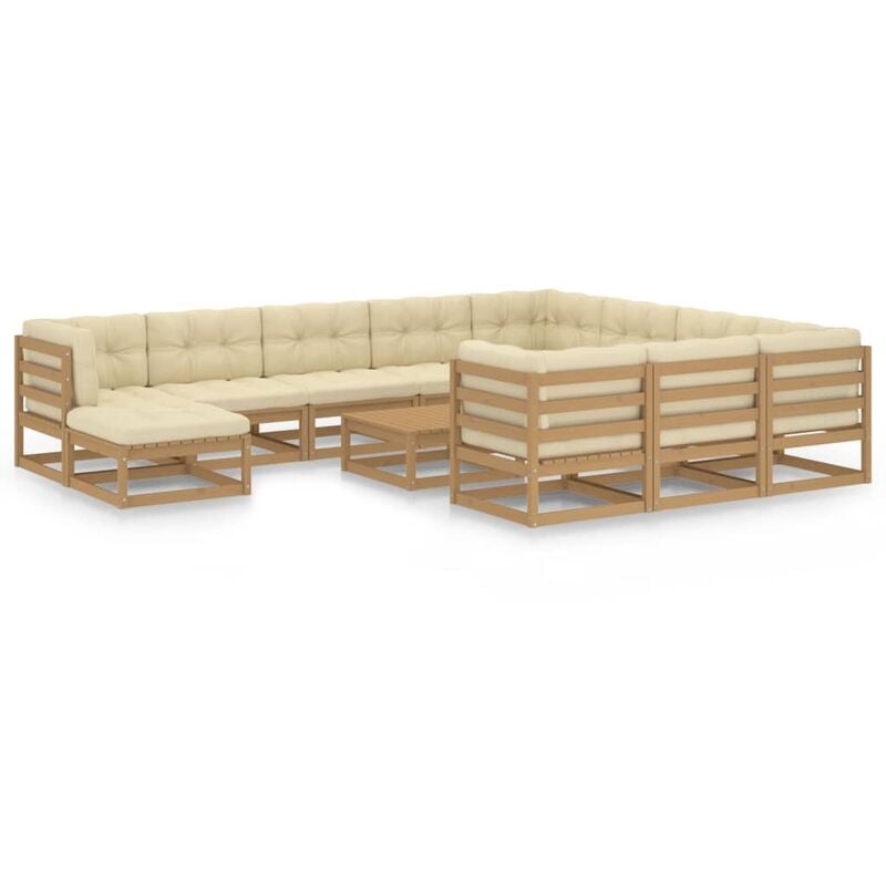 

Muebles de jardín 12 pzas y cojines marrón miel madera de pino
