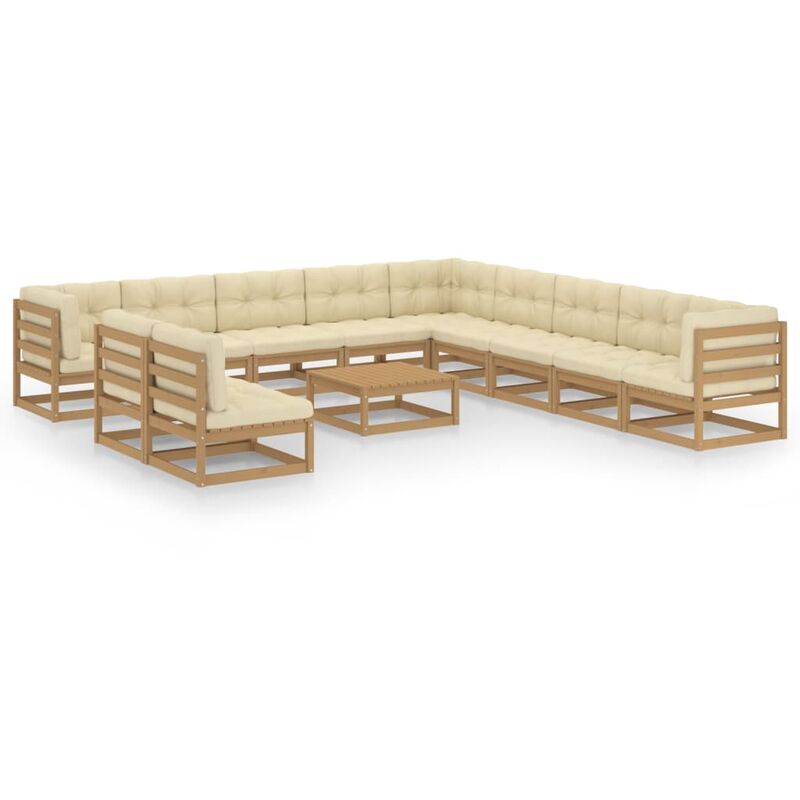 

Muebles de jardín 12 pzas y cojines marrón miel madera de pino