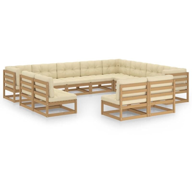 

Muebles de jardín 12 pzas y cojines marrón miel madera de pino