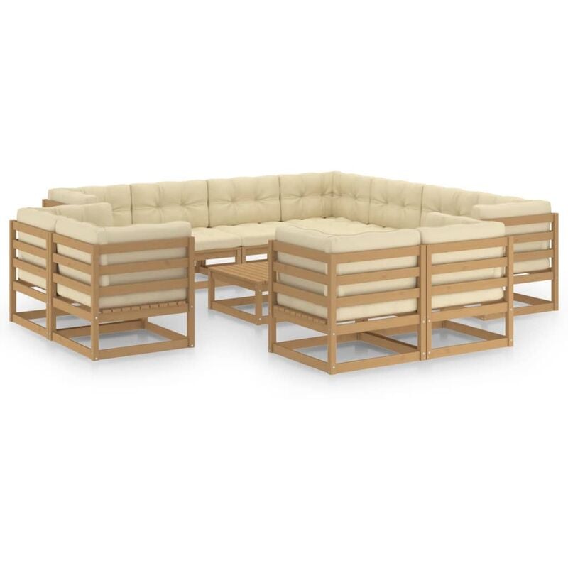 

Muebles de jardín 12 pzas y cojines marrón miel madera de pino