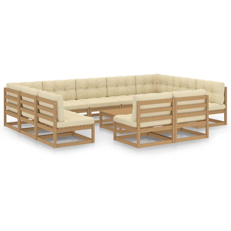 

Muebles de jardín 12 pzas y cojines marrón miel madera de pino