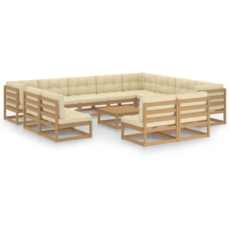 

Muebles de jardín 13 pzas y cojines marrón miel madera de pino