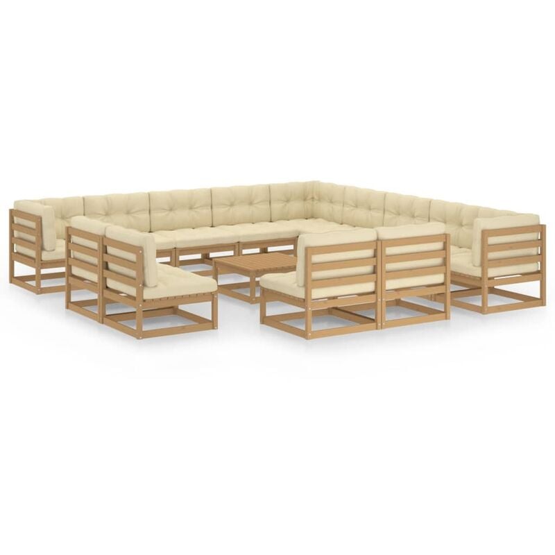 

Muebles de jardín 14 pzas y cojines marrón miel madera de pino