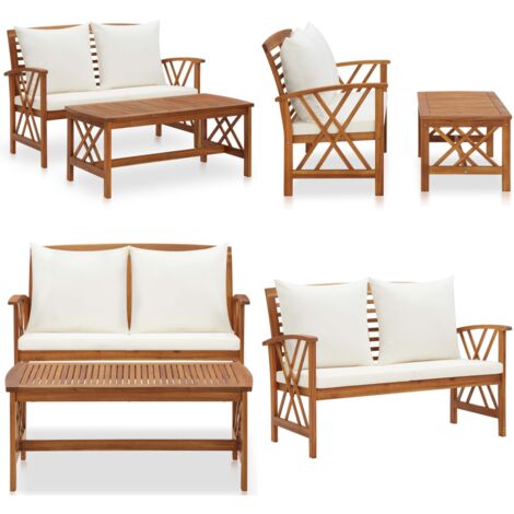 Muebles de jardín 2 piezas con cojines madera maciza de acacia - Banco de jardín - Mesa de centro