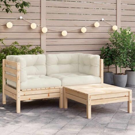Muebles de jardín 3 piezas madera maciza pino con cojines crema
