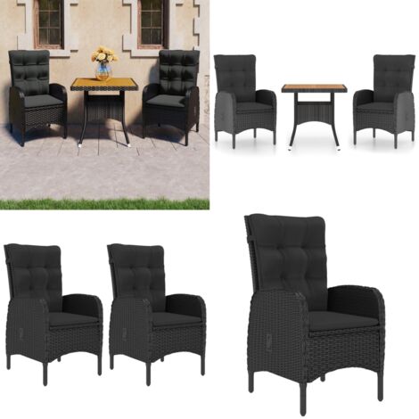 Muebles de jardín 3 piezas ratán sintético negro madera acacia - Comedor al aire libre - Mesa de jardín
