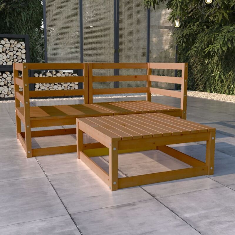 

Muebles de jardín 3 pzas y cojines marrón miel madera pino