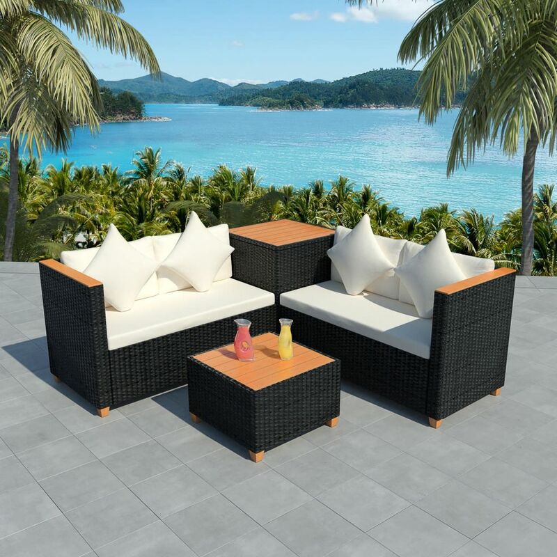 

Muebles de jardín 4 piezas con cojines ratán sintético negro