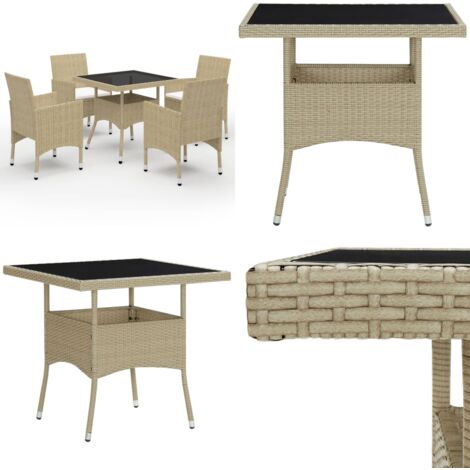 Muebles de jardín 5 piezas ratán sintético y vidrio beige - Comedor al aire libre - Mesa de comedor