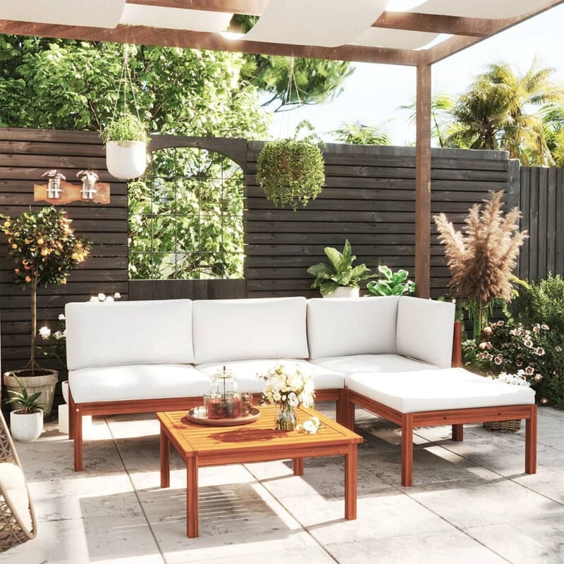 

Muebles de jardin 5 pzas cojines crema madera maciza de acacia