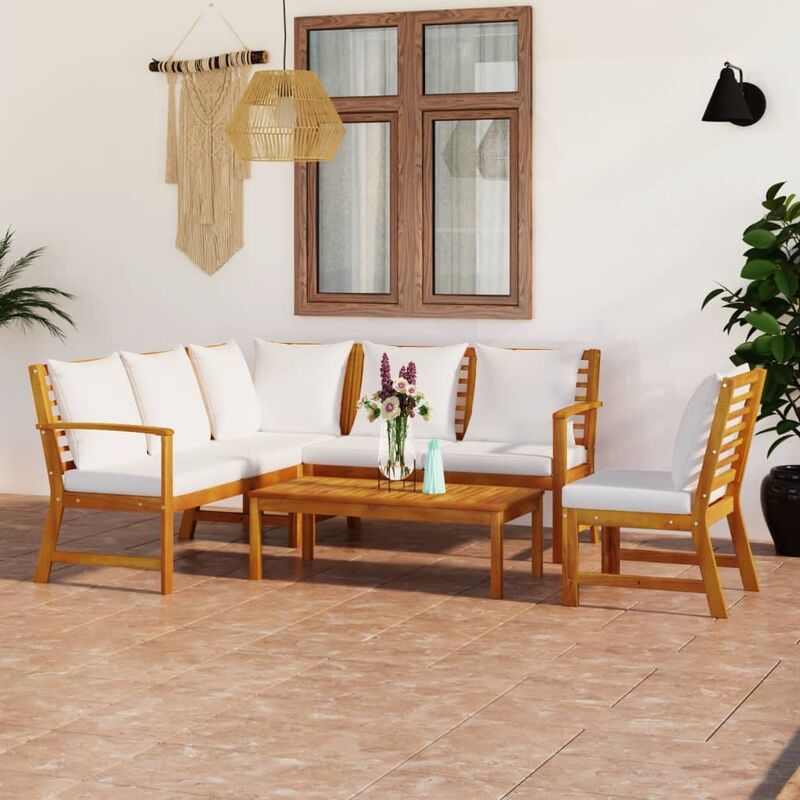 

Muebles de jardín 5 pzas cojines crema madera maciza de acacia
