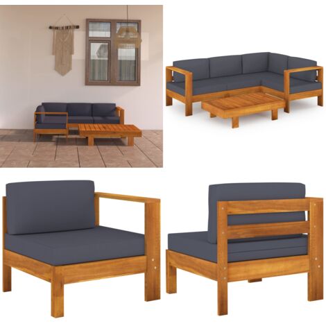 Muebles de jardín 5 pzas con cojines  gris oscuro madera acacia - Muebles al aire libre - Sofás de jardín