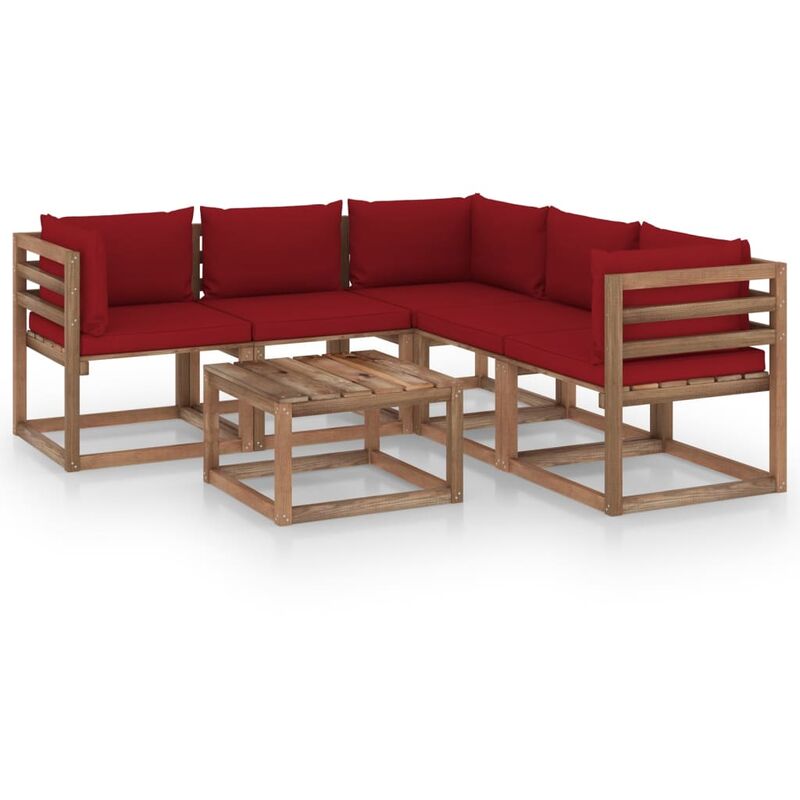 

Muebles de jardín 6 pzas cojín rojo tinto madera pino impregnada