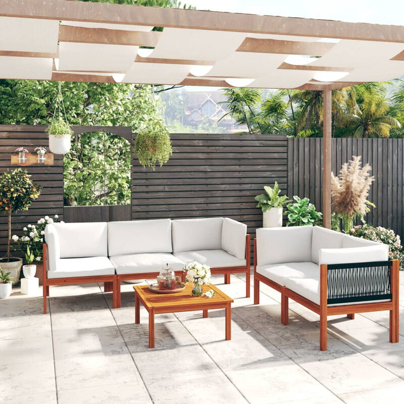 

Muebles de jardin 6 pzas cojines crema madera maciza de acacia