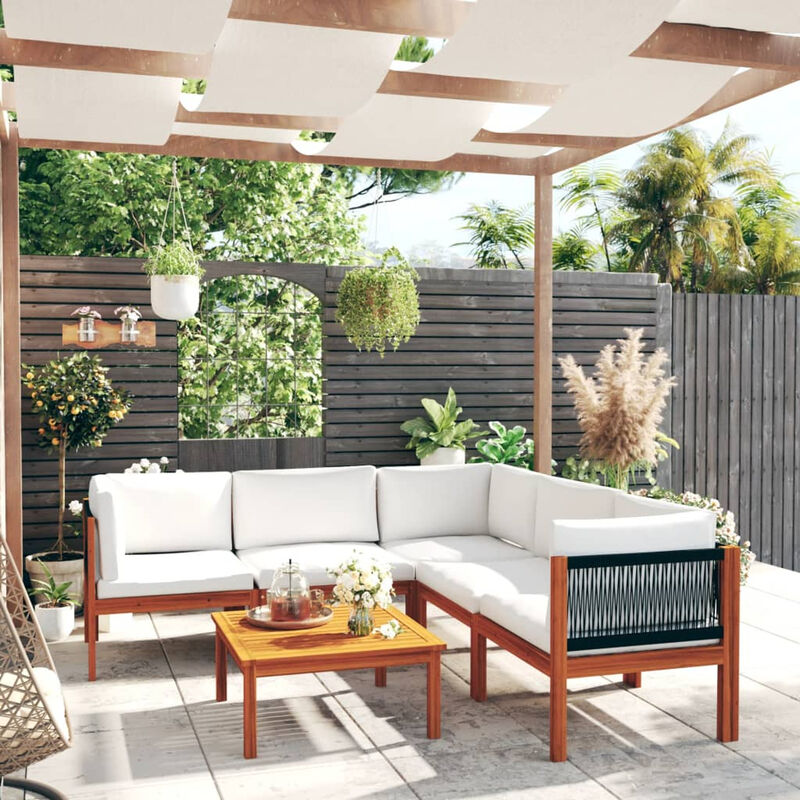 

Muebles de jardin 6 pzas cojines crema madera maciza de acacia