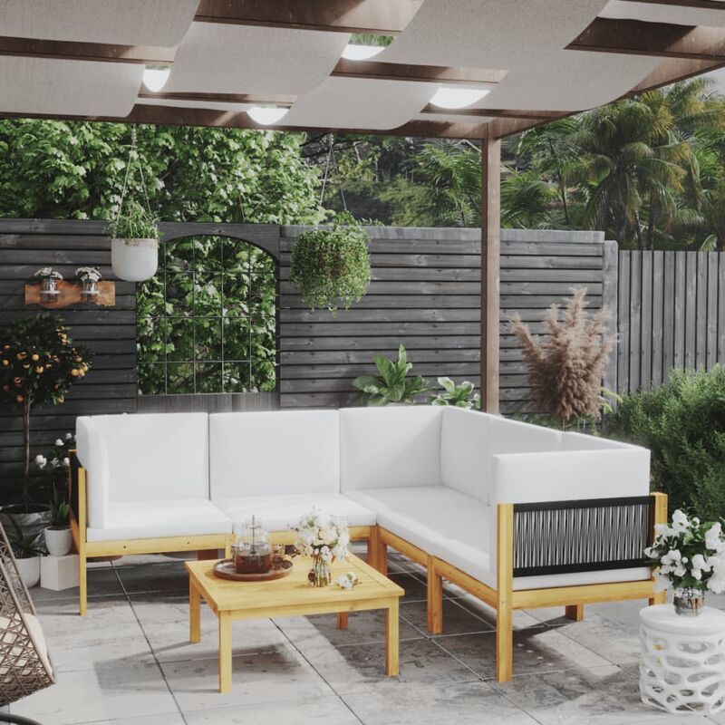 

Muebles de jardín 6 pzas cojines crema madera maciza de acacia