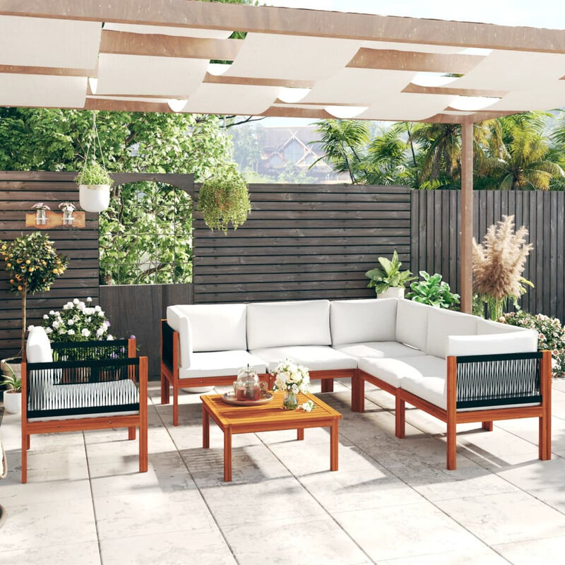 

Muebles de jardin 7 pzas cojines crema madera maciza de acacia