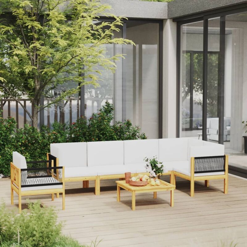 

Muebles de jardín 7 pzas cojines crema madera maciza de acacia