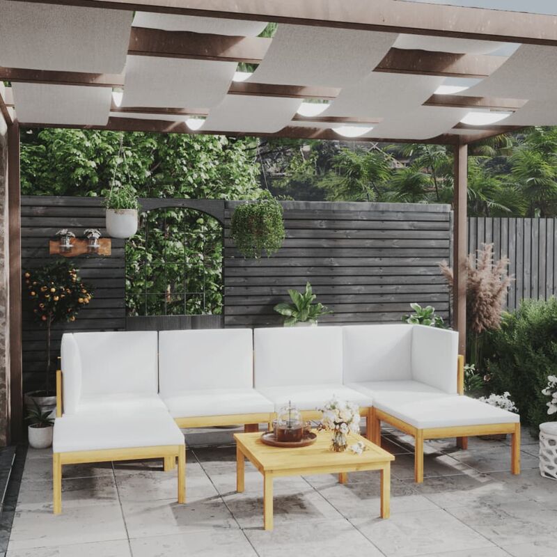 

Muebles de jardín 7 pzas cojines crema madera maciza de acacia