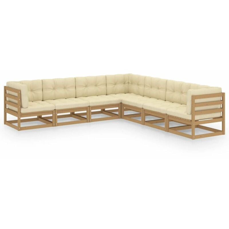 

Happyshopping - Muebles de jardin 7 pzas y cojines marron miel madera pino