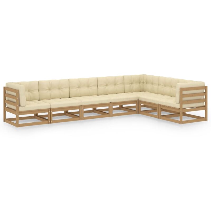 

Muebles de jardín 7 pzas y cojines marrón miel madera pino