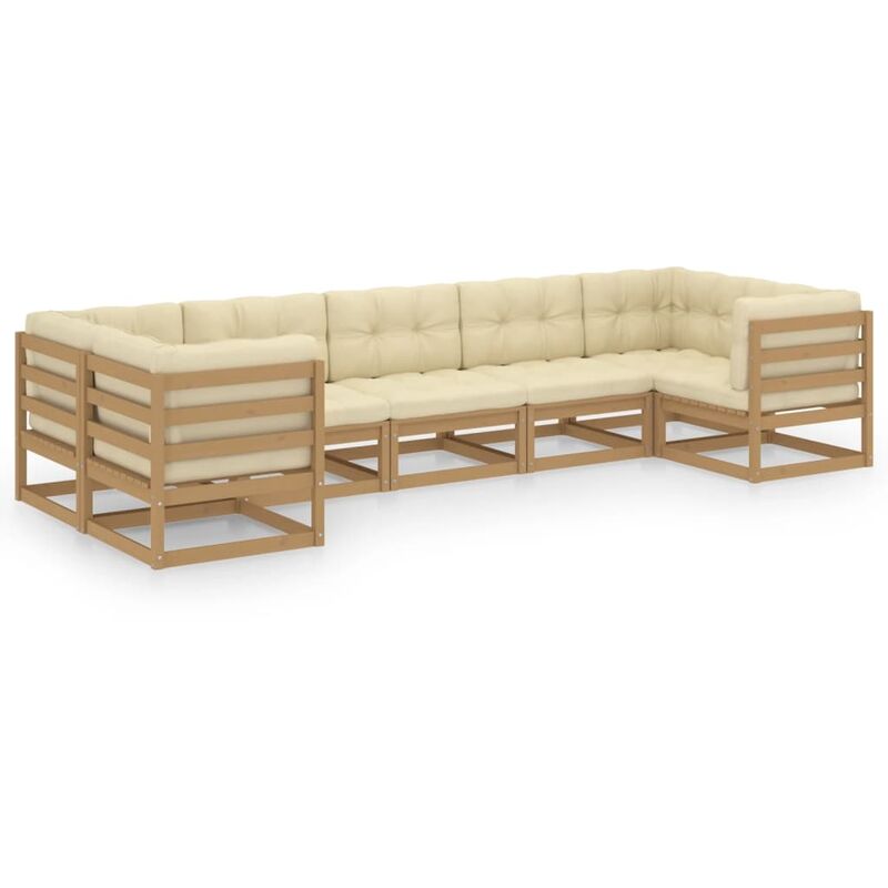 

Muebles de jardín 7 pzas y cojines marrón miel madera pino