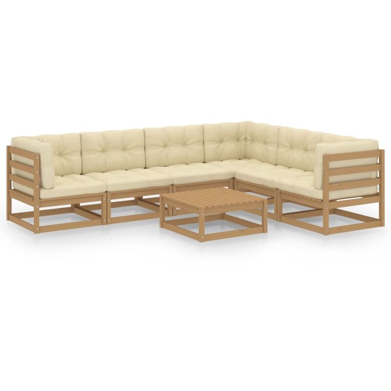 

Muebles de jardín 7 pzas y cojines marrón miel madera pino