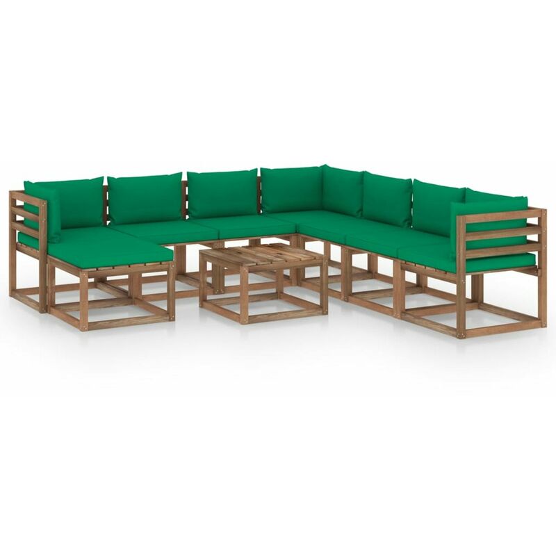 

Muebles de jardin 9 piezas con cojines verde