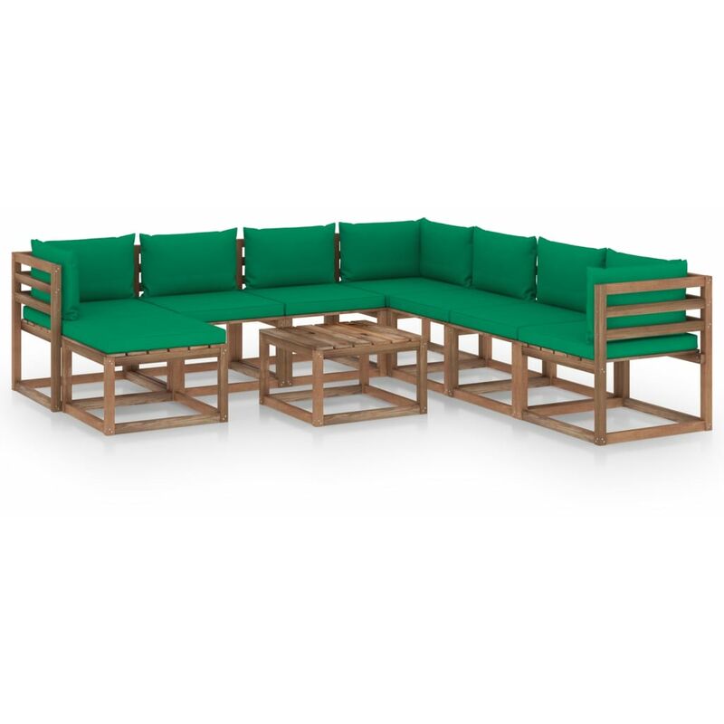 

Muebles de jardín 9 piezas con cojines verde