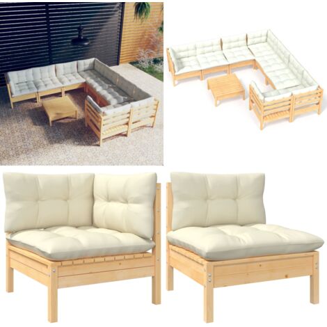 Muebles de jardín 9 piezas y cojines madera de pino crema - Muebles de exterior - Cojines de jardín