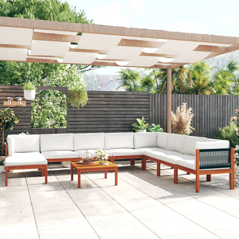 

Happyshopping - Muebles de jardin 9 pzas cojines crema madera maciza de acacia