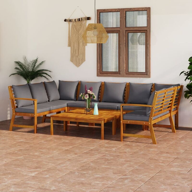 

Muebles de jardín 9 pzas cojines crema madera maciza de acacia
