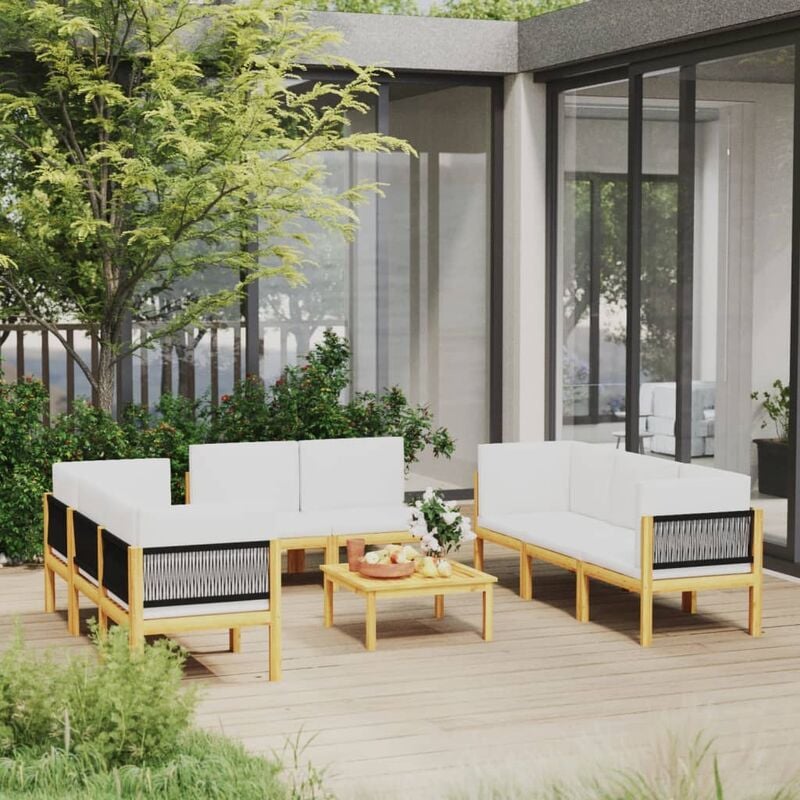 

Muebles de jardín 9 pzas cojines crema madera maciza de acacia