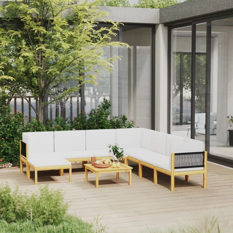 

Muebles de jardín 9 pzas cojines crema madera maciza de acacia
