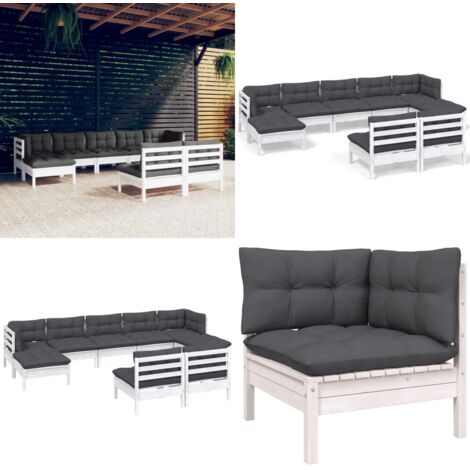 Muebles de jardín 9 pzas con cojines blanco madera de pino - Muebles de exterior - Cojines para jardín