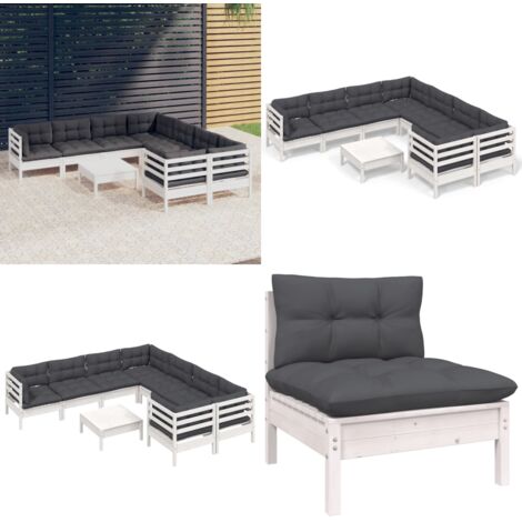 Muebles de jardín 9 pzas y cojines blanco madera de pino - Muebles de exterior - Cojines para jardín
