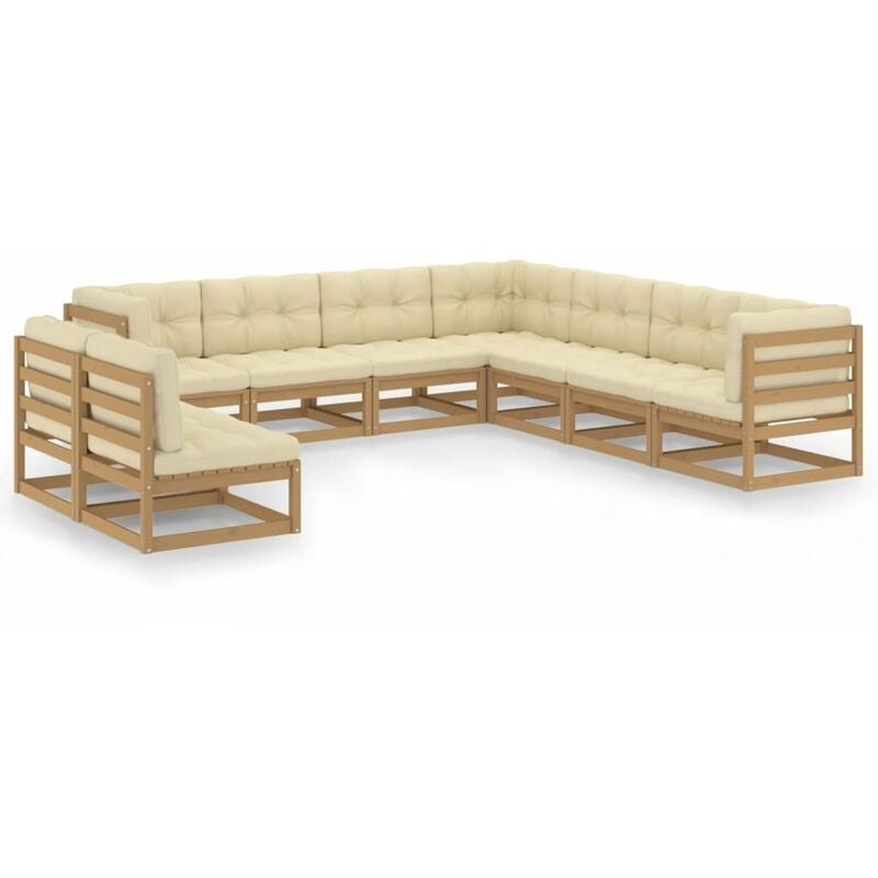 

Happyshopping - Muebles de jardin 9 pzas y cojines marron miel madera pino