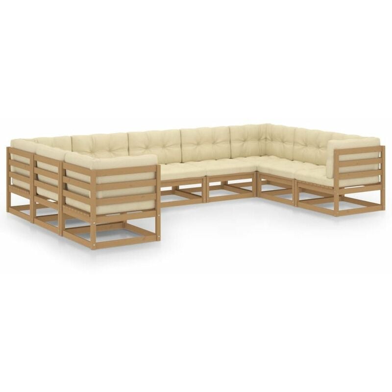 

Happyshopping - Muebles de jardin 9 pzas y cojines marron miel madera pino