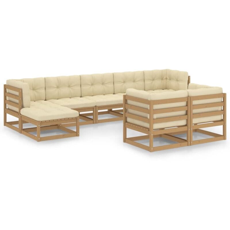 

Muebles de jardín 9 pzas y cojines marrón miel madera pino