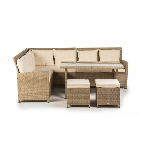 Muebles De Jardín Comedor Georgia 8 Plazas 1 Sofá Esquinero, 2 Puf, 1 Mesa Ratán Sintético - Beige