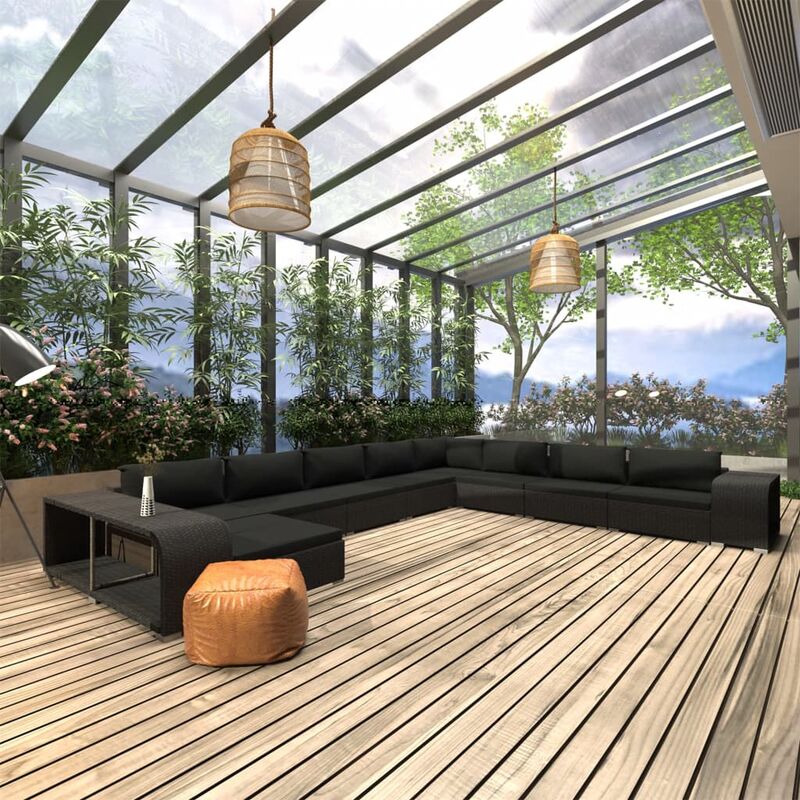 

Muebles de jardín de 11 piezas con cojines ratán sintético negro