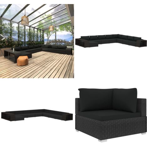 Muebles de jardín de 11 piezas con cojines ratán sintético negro - Sofás para patio - Muebles modulares