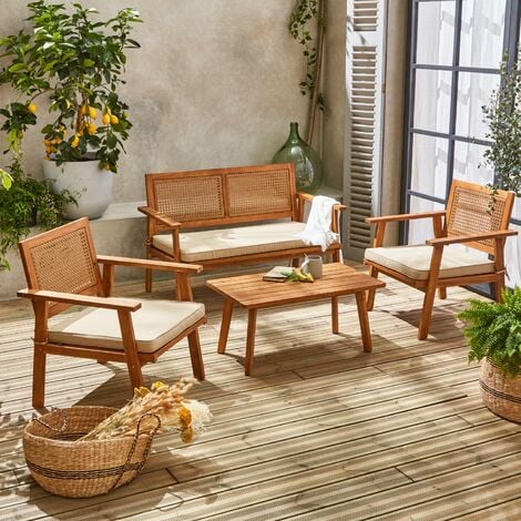 SWEEEK Muebles de jardín de madera y caña de 4 plazas, Bohemia, 117x64x74 cm