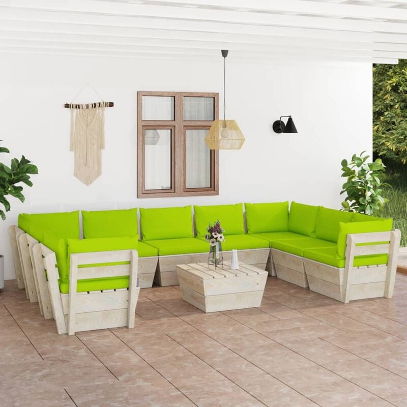 

Muebles de jardín de palés 10 piezas y cojines madera de abeto