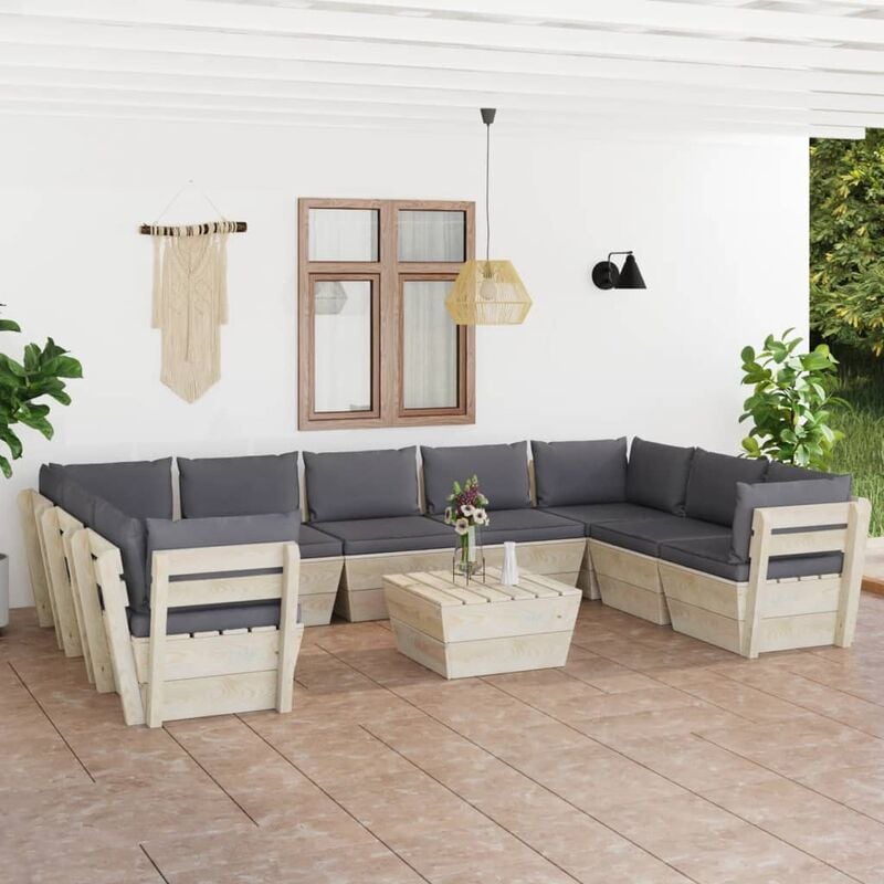 

Muebles de jardín de palés 10 piezas y cojines madera de abeto