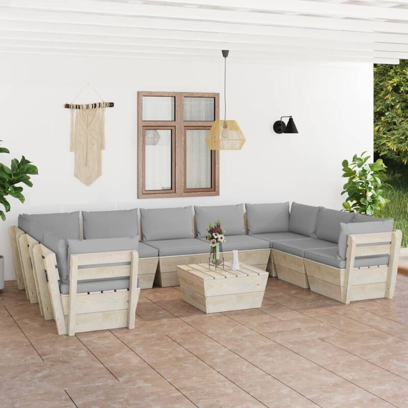 

Muebles de jardín de palés 10 piezas y cojines madera de abeto